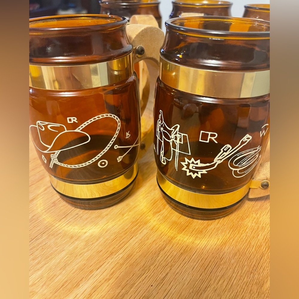 Siesta Ware Cowboy Barrel amber glass mugs with wood handles and gold trim